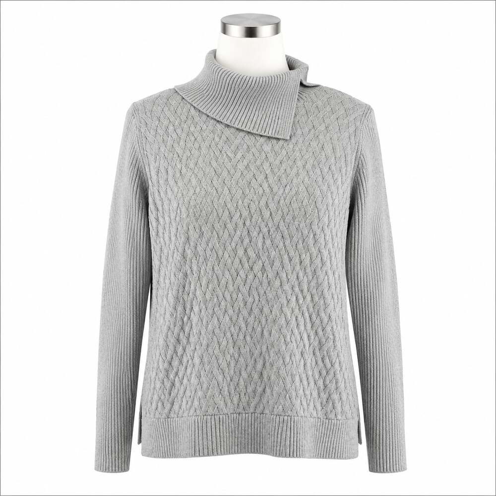 Lands’ End Women XL 18 Gray Cotton Cable Knit Turtleneck Sweater Basketweave